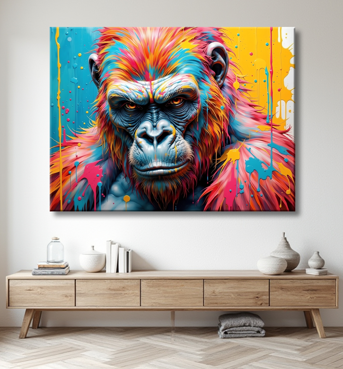 Portrait de gorille dans un style pop art coloré, éclaboussures, arabesques, coups de pinceau. Un tableau expressif décliné en plusieurs versions. Exclusivité DECOTAB.