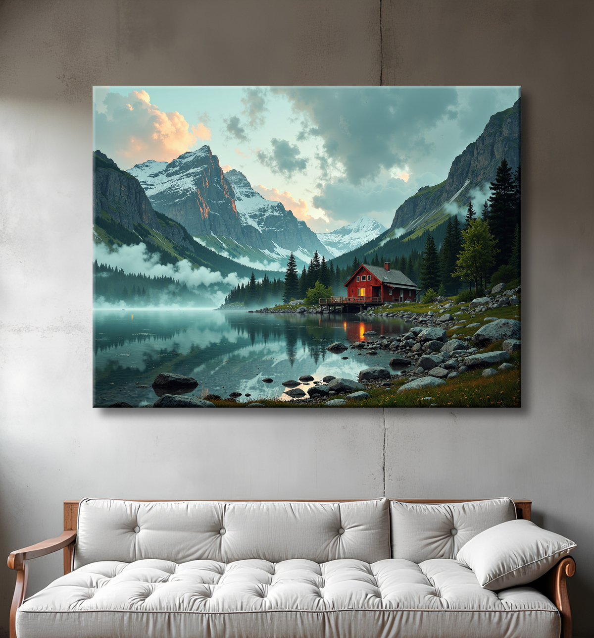 Tableau représentant un paysage scandinave de montagne en Suède, avec un lac paisible bordé par une maison en bois rouge typique. Une scène nordique majestueuse et apaisante.