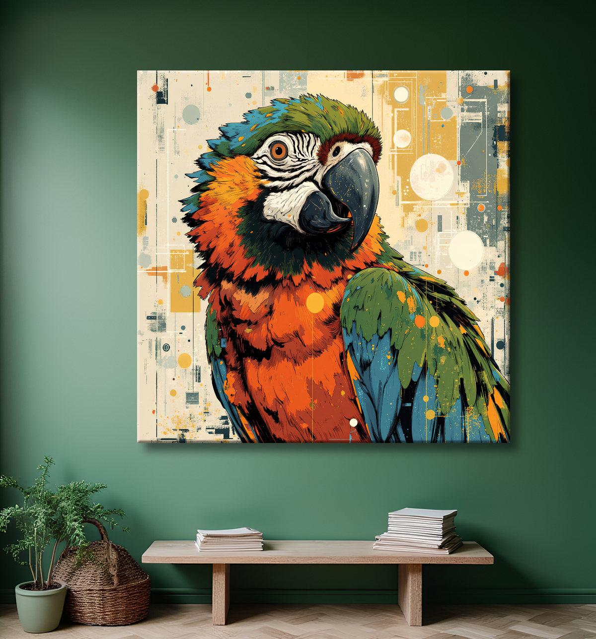 Tableau perroquet en peinture moderne expressive. Une œuvre colorée et vivante, imprimée en France par Decotab.fr pour une décoration dynamique et contemporaine.
