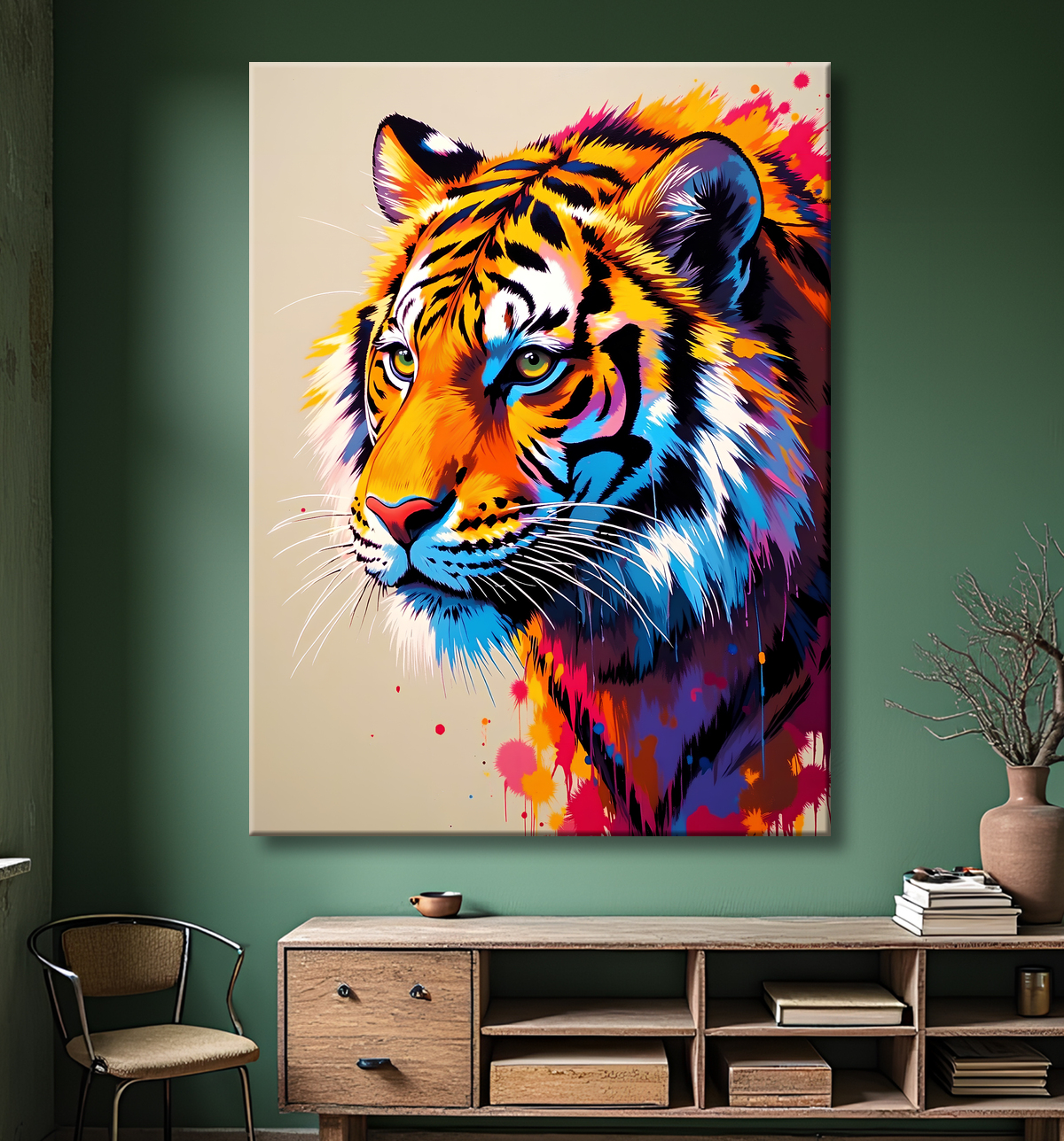 Tableau de tigre pop art vibrant, portrait haut en couleur sur fond clair, idéal pour une décoration audacieuse et moderne. Fabrication française sur-mesure.