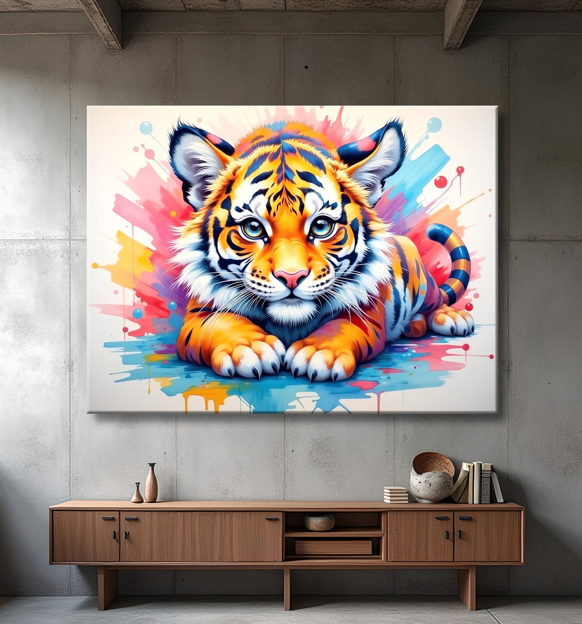 Portrait de tigre dans un style pop art avec jets de peinture, arabesques colorées et effets graphiques éclatants. Plusieurs déclinaisons disponibles, très décoratif.